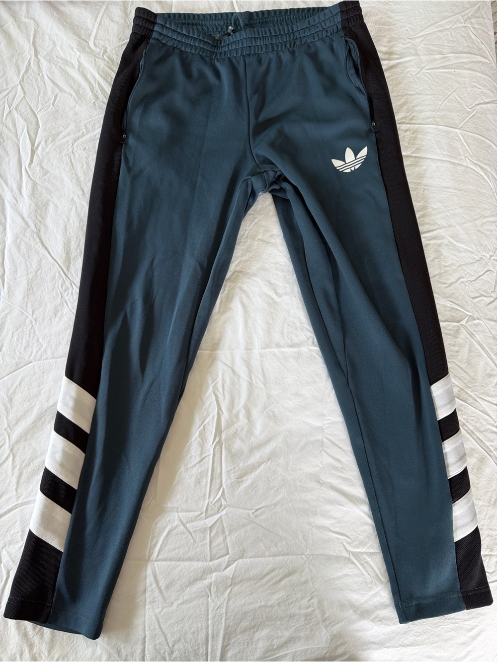Adidas Teal Joggers with Black Side Panels and White Stripes